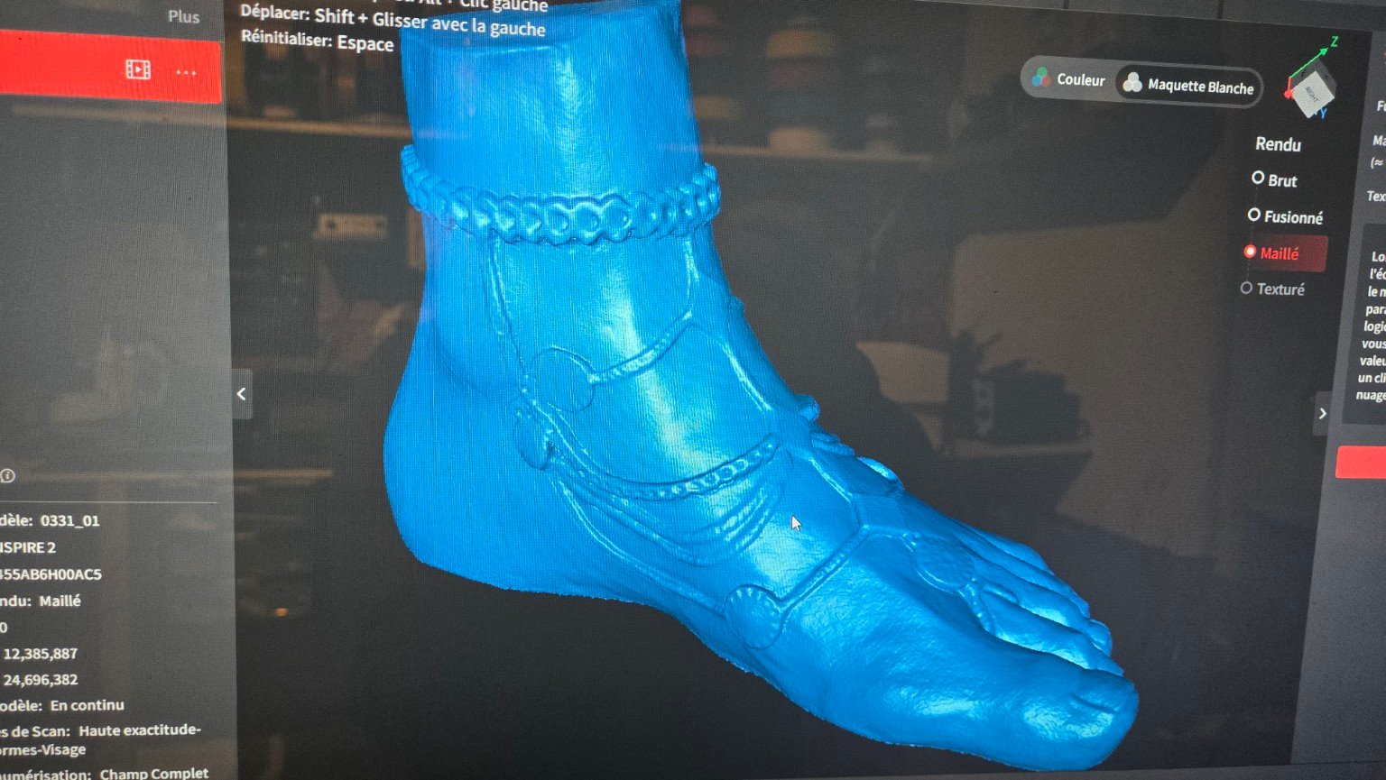 Vue latérale du modèle 3D issu du scan de la sculpture de pied