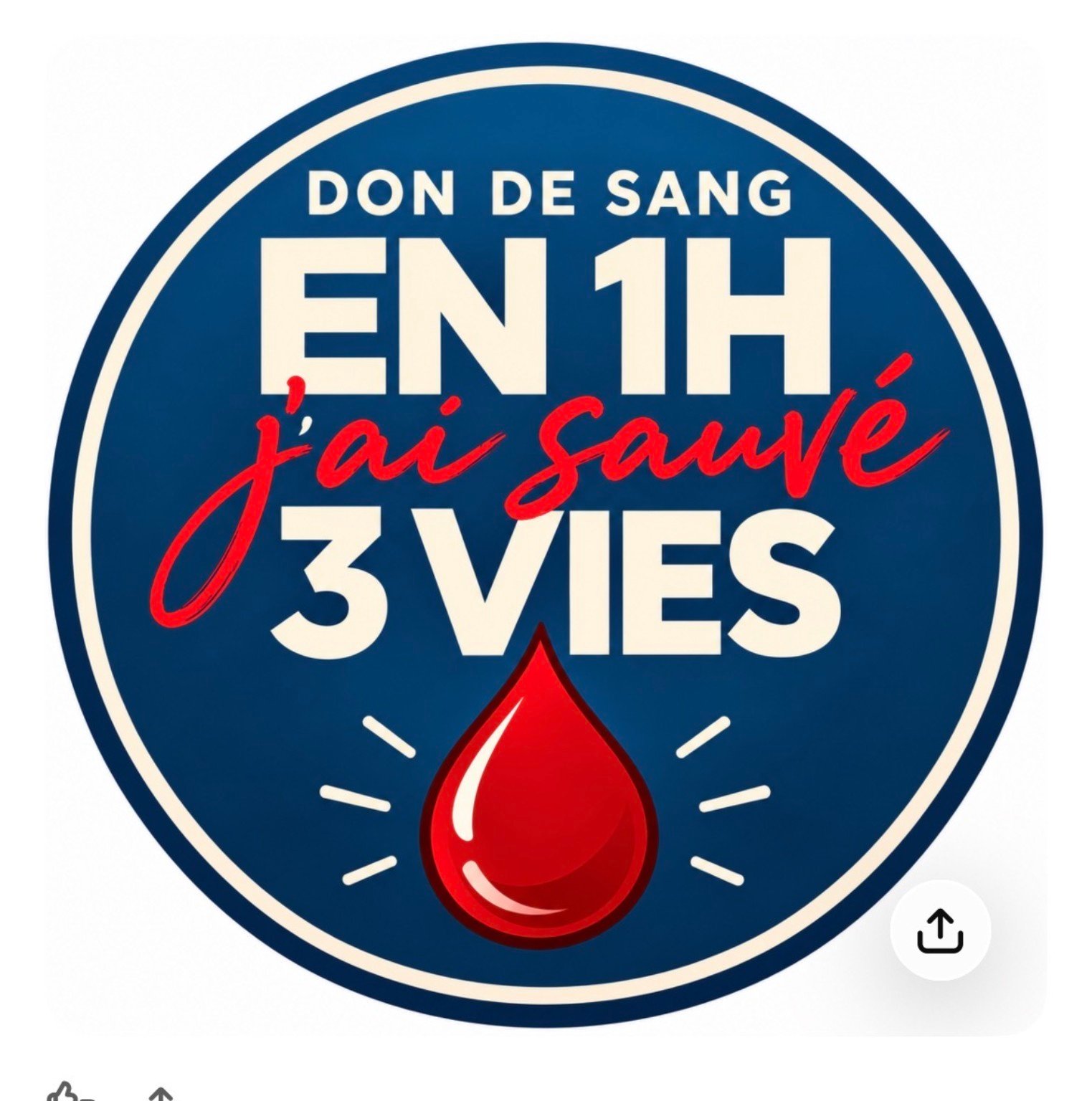 Visuel circulaire « Don de sang en 1h, j’ai sauvé 3 vies » avec une goutte rouge