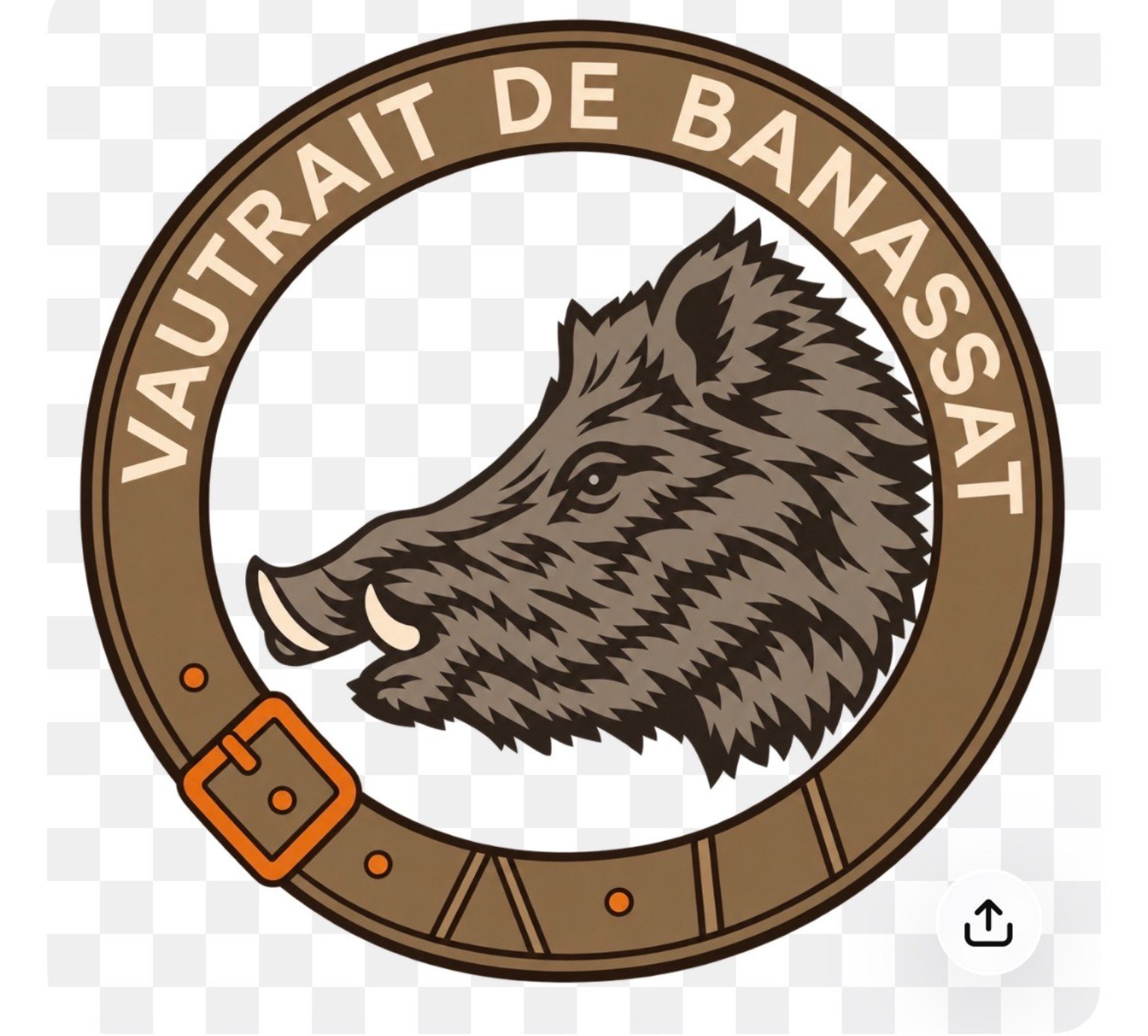 Dessin circulaire d’un sanglier entouré du texte « Vautrait de Banassat »
