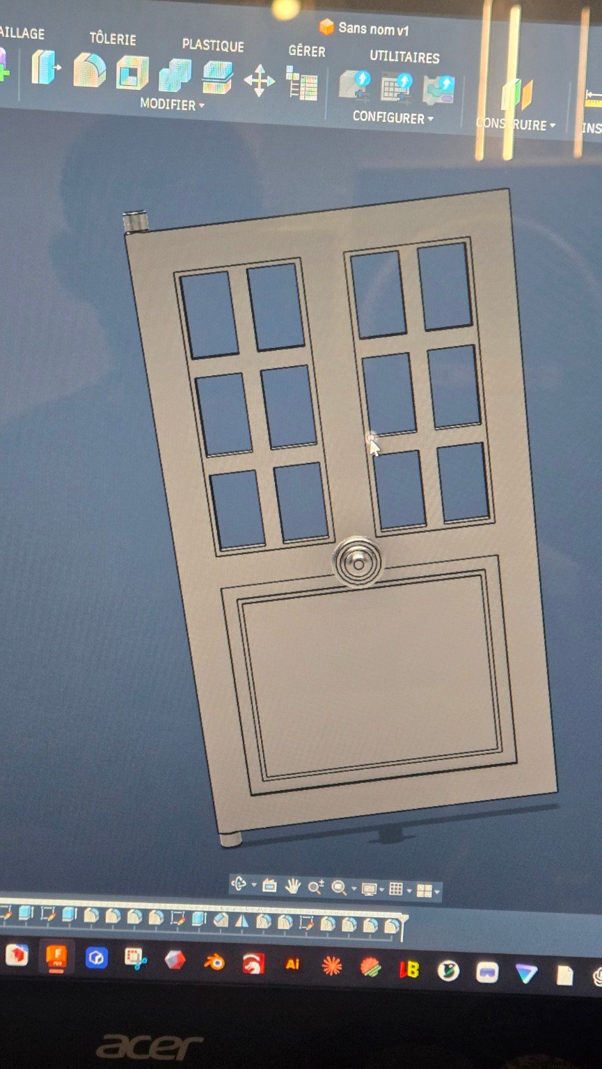Modèle 3D de la porte avec ses ouvertures, son panneau et ses articulations.